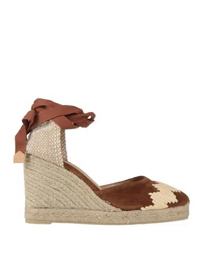 CASTAÃ±ER CASTAÑER WOMAN ESPADRILLES BROWN SIZE 7.5 TEXTILE FIBERS, LEATHER