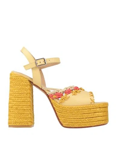 Castaã±er Castañer Woman Sandals Yellow Size 7.5 Leather, Textile Fibers