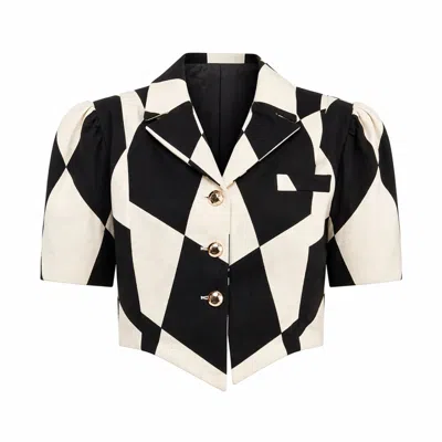 Castaneda Women's  Black & White Shot Sleeves Tailored Jacket Crop Waist