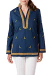 Castaway Tunic Top With Leaping Reindeer In Nantucket Navy In Multi