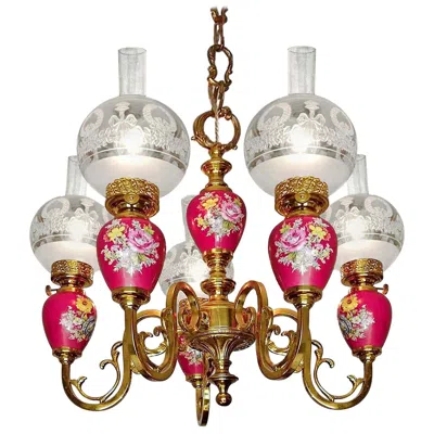 Pre-owned Castel Limoges French Hand Painted Pink Porcelain Gilt Brass Engraved Glass Oil Lamp Chandelier