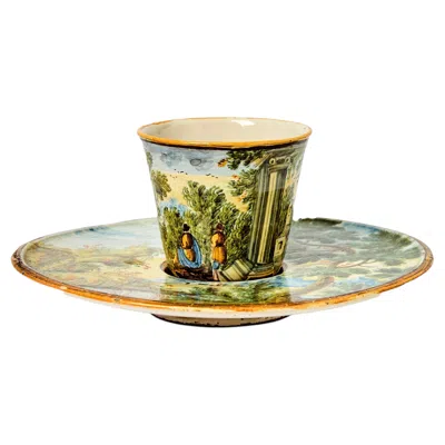 Pre-owned Castelli 18th-century Italian Majolica Trembleuse Cup & Saucer,  In Sand
