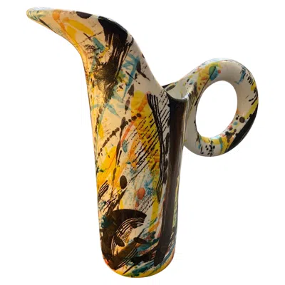 Pre-owned Castelli 1980s Modernist Hand-painted Ceramic Jug Vase By M Carbone Per Ceramica  In Brown