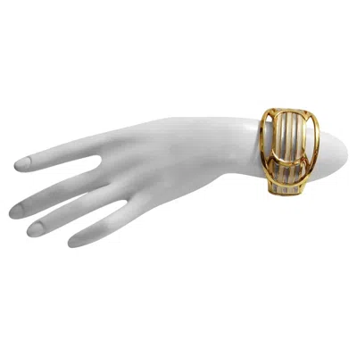 Pre-owned Castlecliff Vintage  Gold Cuff Bracelet With Cream & Gray Enamel, 1980s In White