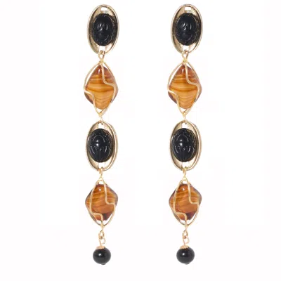 Castlecliff Women's Black / Brown / Gold Paseo Earring In Black Scarab And Tigers Eye In Multi