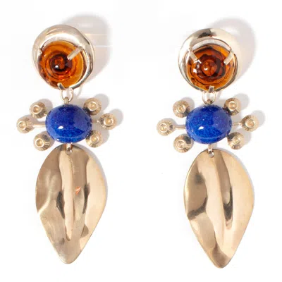 Castlecliff Women's Blue / Brown / Gold Campo Leaf Earring In Tortoise & Lapis Glass Stone In Multi
