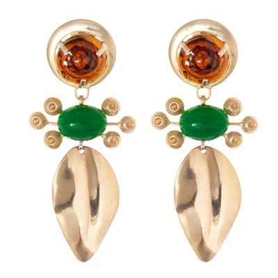 Castlecliff Women's Gold / Brown / Green Campo Leaf Earring In Tortoise & Green Glass Stone In Multi