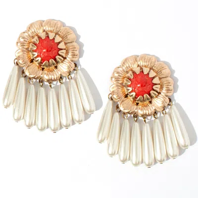 Castlecliff Women's White / Red / Gold Peony Floral Earring In Bright Coral & Pearl