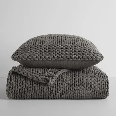 Casual Comfort Chunky Knit Blanket And Pillow Set In Gray