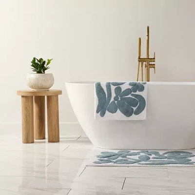 Casual Comfort Modern Floral Pattern Cotton Bath Rug In Blue