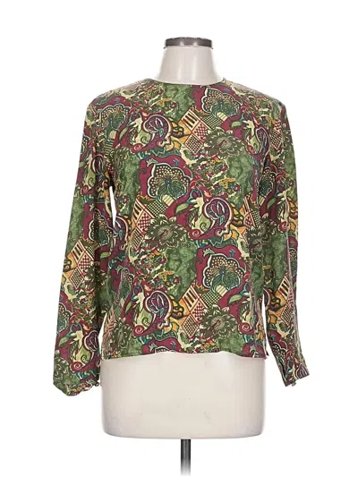 Pre-owned Casual Corner Long Sleeve Silk Top Green Keyhole Neckline Tops