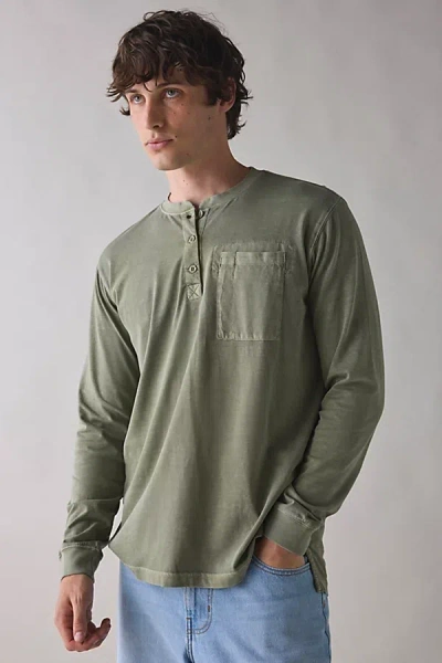 Cat Pigment Dye Henley Long Sleeve Tee In Green, Men's At Urban Outfitters