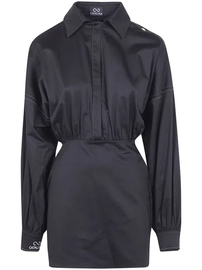 Catalina Ribbon Cotton Short Dress In Black