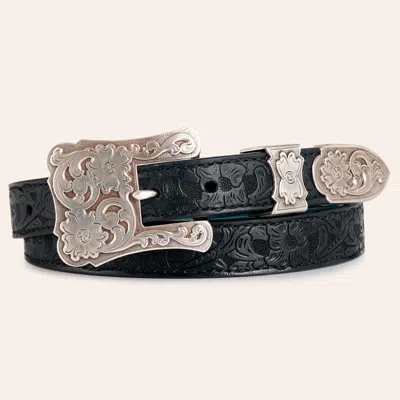 Catchfly Women's Black Floral Tooled Silver Engraved Buckle Leather Belt