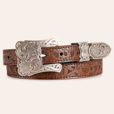 Catchfly Women's Brown Floral Tooled Silver Engraved Buckle Leather Belt