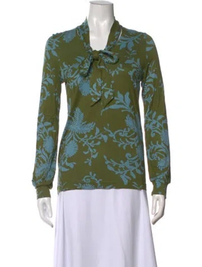 Pre-owned Catherine André Floral Print Mock Neck Blouse In Green