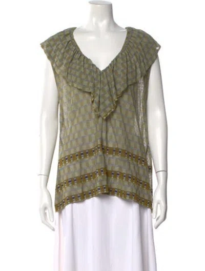 Pre-owned Catherine André Patterned V-neck Blouse In Green