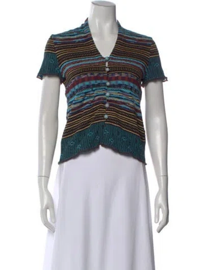 Pre-owned Catherine André Striped V-neck Button-up Top In Blue
