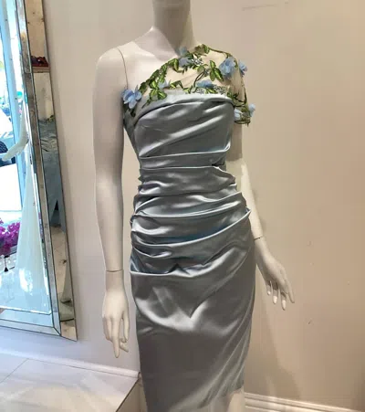 Catherine Deane Flowered One Shoulder Cocktail Dress In Light Blue