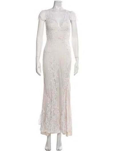Pre-owned Catherine Deane Lace Pattern Long Dress In Neutrals