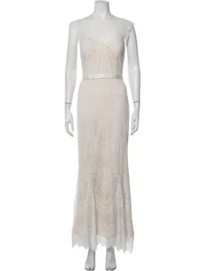 Pre-owned Catherine Deane Lace Pattern Long Dress In Neutrals