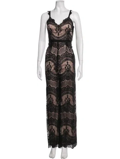 Pre-owned Catherine Deane Lace Pattern V-neck Jumpsuit W/ Tags In Black