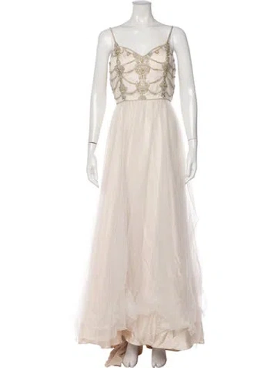 Pre-owned Catherine Deane V-neck Long Dress In Neutral