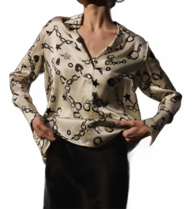 Catherine Gee Daria Charms French Cuff Silk Blouse In Taupe W Black In Brown