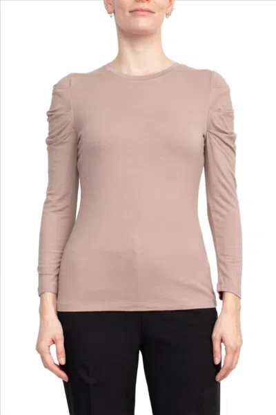 Catherine Malandrino Crewneck Long Sleeve Ruched Shoulder Solid Knit Top In Ash Smoke In Brown