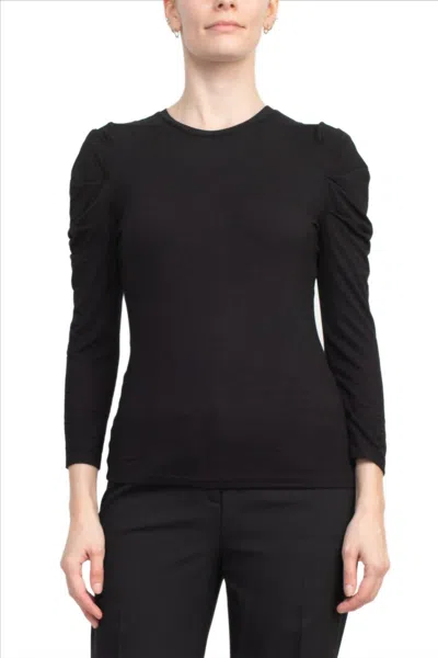 Catherine Malandrino Crewneck Long Sleeve Ruched Shoulder Solid Knit Top In Black