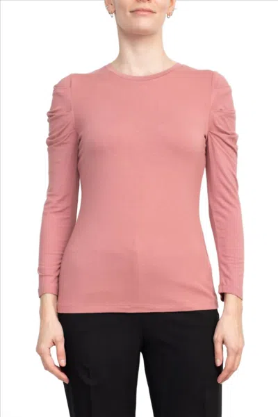 Catherine Malandrino Crewneck Long Sleeve Ruched Shoulder Solid Knit Top In Mountain Rose In Pink