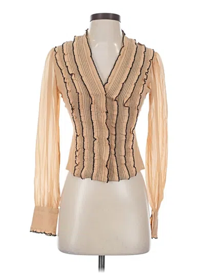 Pre-owned Catherine Malandrino Long Sleeve Silk Top Tan Plunge Neckline Tops In Brown