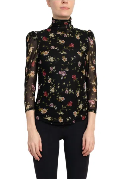 Catherine Malandrino Turtleneck 3/4 Sleeve Top In Floral In Purple