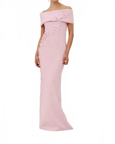 Catherine Regehr Roll Collar Gown With Full Apple Blossom Spray In Orchid In Pink