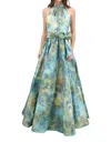 Catherine Regehr T-neck Halter Gown In Floral Print In Multi