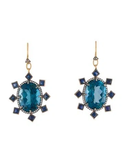 Pre-owned Cathy Waterman 22k Topaz, Sapphire, & Diamond Drop Statement Earrings In Blue