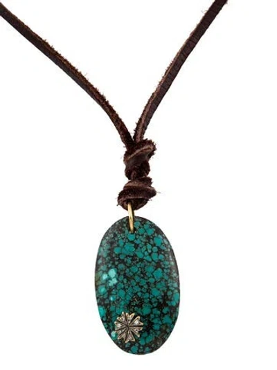 Pre-owned Cathy Waterman 22k Turquoise & Diamond Leather Pendant Necklace, 30" In Multi