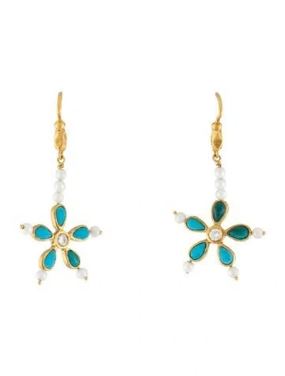 Pre-owned Cathy Waterman Pearl, Turquoise & Diamond Flower Drop Earrings In Multicolor