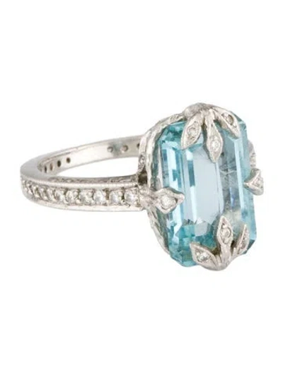 Pre-owned Cathy Waterman Platinum Aquamarine & Diamond Forest Ring In Multi