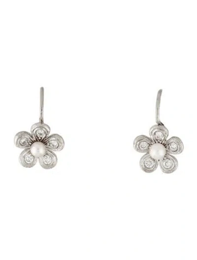 Pre-owned Cathy Waterman Platinum Cultured Pearl & Diamond Flower Drop Earrings In Multicolor