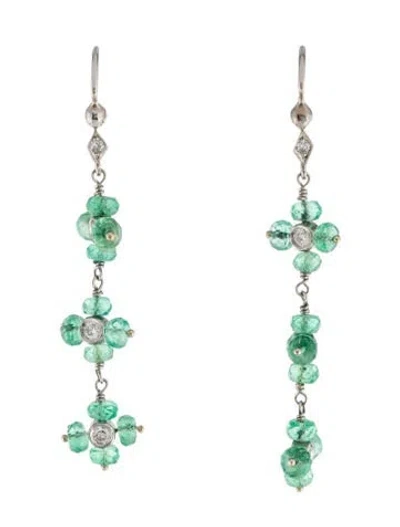 Pre-owned Cathy Waterman Platinum Emerald & Diamond Flower Drop Earrings In Multi