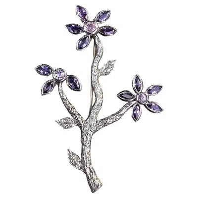 Pre-owned Cathy Waterman Platinum Purple Sapphire Diamond Flower Floral Brooch Pin
