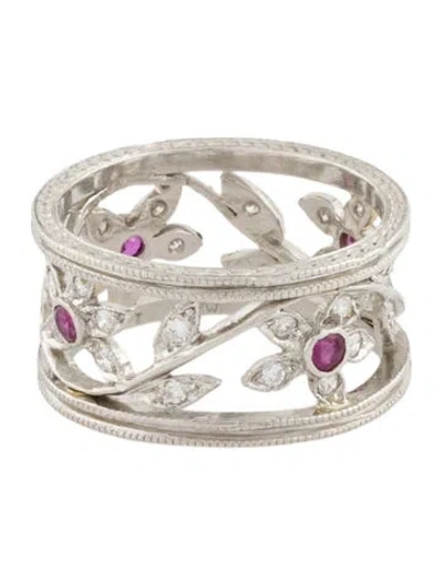 Pre-owned Cathy Waterman Platinum Ruby & Diamond Double Milgrain Floral Vine Band In Multi