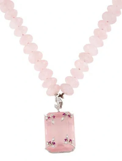 Pre-owned Cathy Waterman Platinum Ruby, Rose Quartz & Diamond Beaded Pendant Necklace, 21.25" In Multicolor