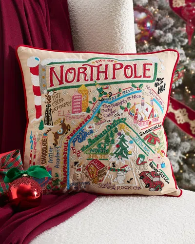 Catstudio North Pole City Hand-embroidered Pillow, 20" Square In Blue