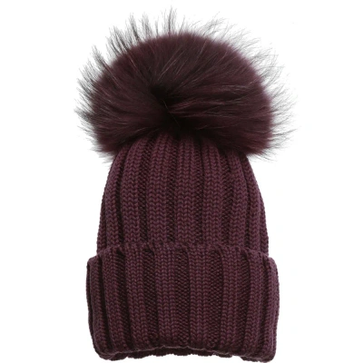 Catya Babies' Dark Purple Wool Hat With Fur Pom-pom