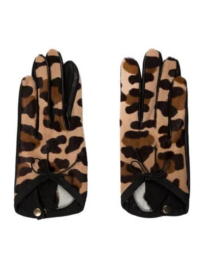 Pre-owned Causse Gantier Calf Leather Animal Print Winter Gloves In Black