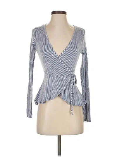 Pre-owned Caution To The Wind Long Sleeve Top Blue Plunge Neckline Tops