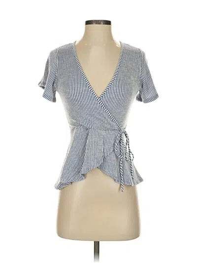 Pre-owned Caution To The Wind Short Sleeve Top Blue Plunge Neckline Tops