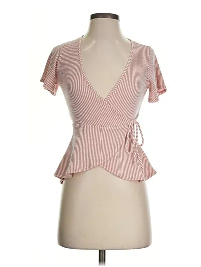 Pre-owned Caution To The Wind Short Sleeve Top Pink Plunge Neckline Tops